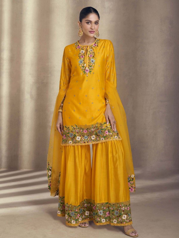 Mustard Viscose Jacquard Silk Sharara Suit